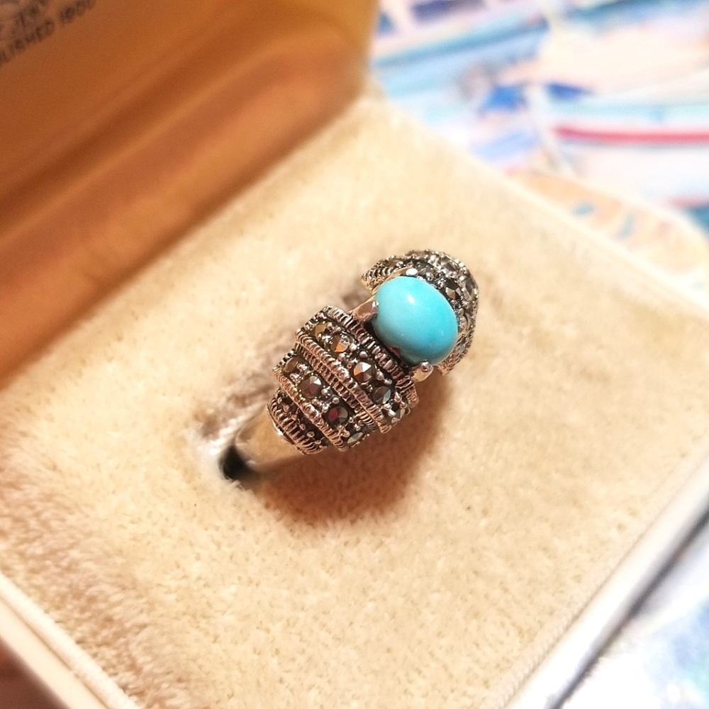 VTG Sleeping Beauty Turquoise Marcasite Sterling Silver Ring - Picture 4 of 6